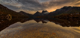 Cradle Mountain at sunset viewed from Lake Dove