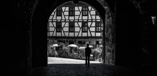 Mono, woman silhouette in the Castle Gate, Nuremberg Germany.